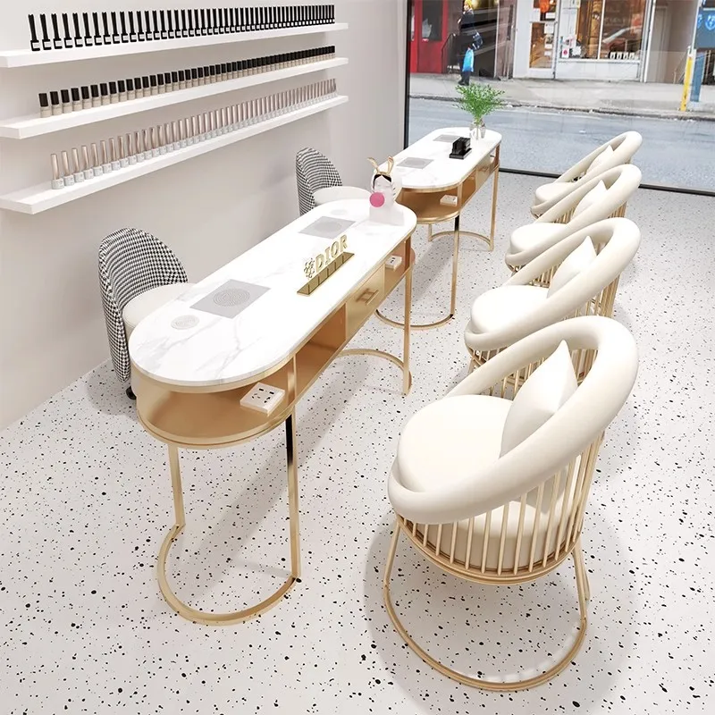 Modern Nail Shop Salon Table And Chair Gold Frame Marble Top Double Manicure Table For Beauty Salon