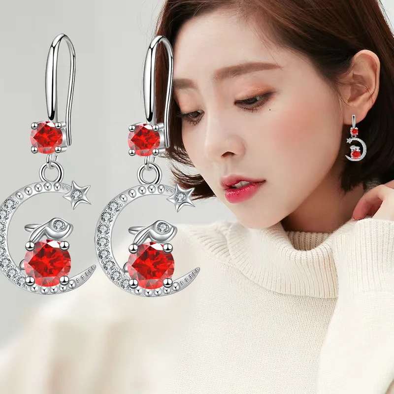 KOFSAC 2023 New Cute Multi-colour Rabbit Drop Earrings For Women Fashion 925 Sterling Silver Jewelry Zircon Moon Star Earring