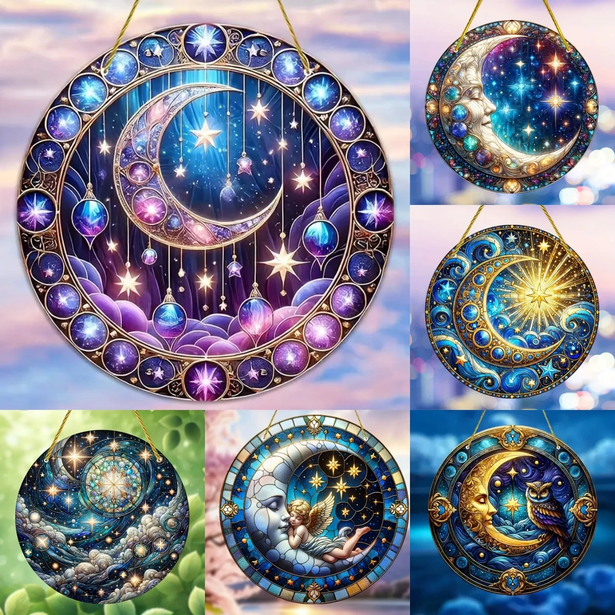 Bohemia Style Moon Sun Catcher -Round Acrylic Stained Art Translucent Window Hanging Sign,Home,Porch,room,Farmhouse Garden Decor