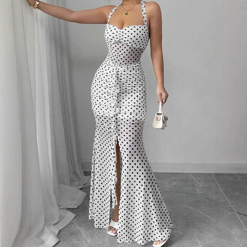 Women's Retro Polka Dot Halter Jumpsuit with High Slit Wide Legs