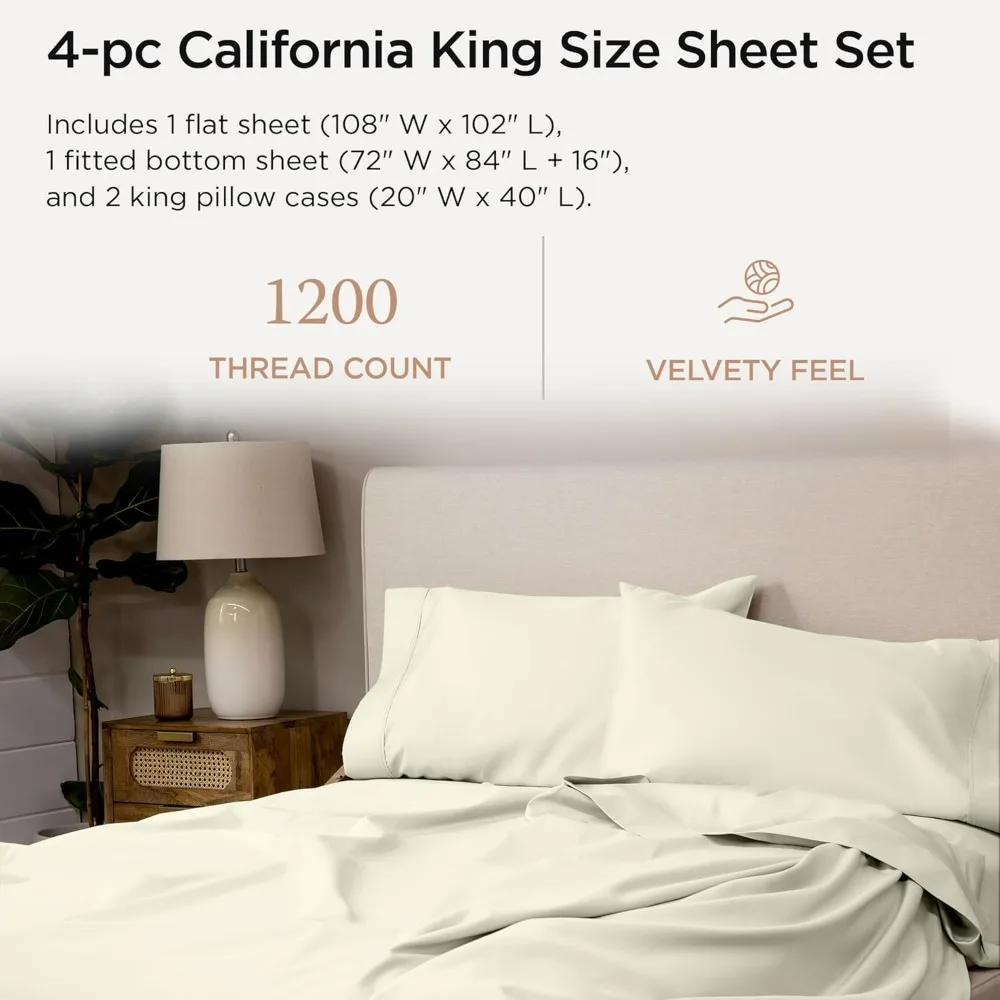 100% Supima Cotton Sheets, 1200 Thread Count Cotton Sheets for Cal King Size Bed, 4 Pc Ivory Cal King Bed Sheets Set,