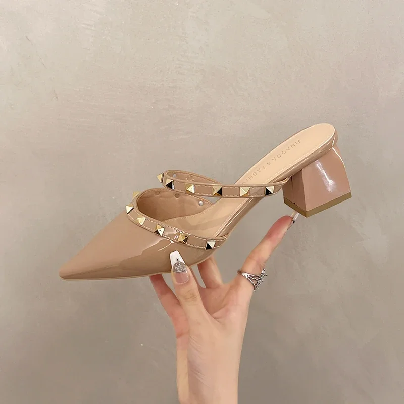 

Pop Summer Women's Cover Toe Mules Slippers Fashion Rivet Slip On Slides Shoes Ladies Thick Heel Footwear