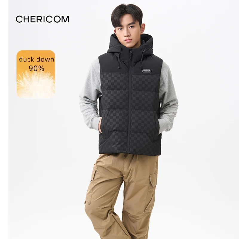 Chericom Men's Down Vest Hooded Sweatshirt Stand Collar Zippered Sleeveless Lightweight New Winter Warm  Puffer Vibe Y309953N