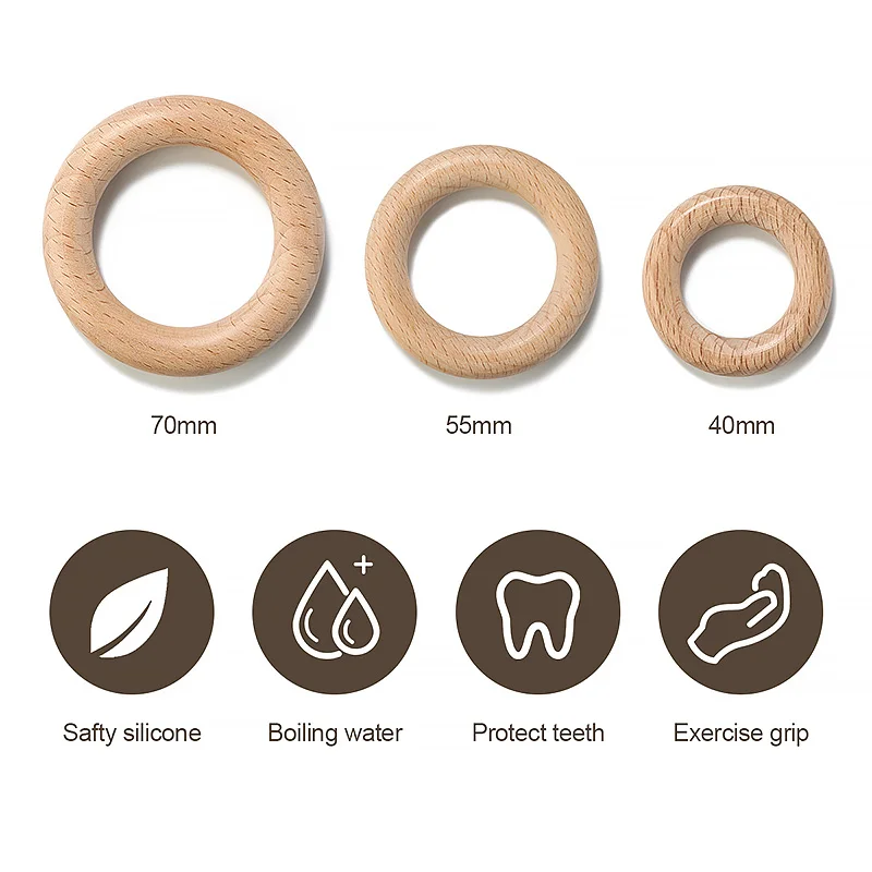 5Pcs Wooden Ring Circle Beech DIY Molar Rod Toys Wood Necklace Pendant Food Grade Beech Wood Teething Baby Teether 40/55/70mm