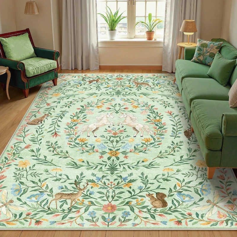 

Carpet for Living Room French Retro Green Unicorn Rug Machine Washable Non-Slip Floor Mat Large Size Rugs Home Decoration Ковер