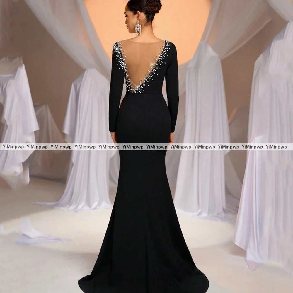 Kryształowa Sukienka na Bal Maturalny Syrenka Dekolt Okrągły Długi Rękaw Bez Pleców Satynowa Suknia Wieczorowa z Koralikami Sukienki na Formalne Okazje Szyte na Miarę