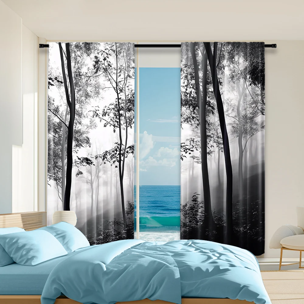 

2Pcs Mist Forest Theme Black And White Pattern Printed Window Curtain Rod Pocket Design For Bedroom Living Room Office And Home