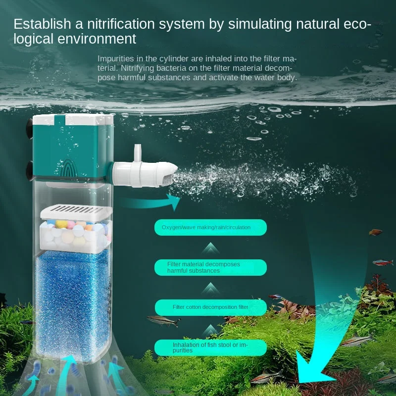 Fish Tank Filter Three in One Submarine Silent Oxygen Boosting Water  with Upward Filtering and Circulating Aquarium Water Pump