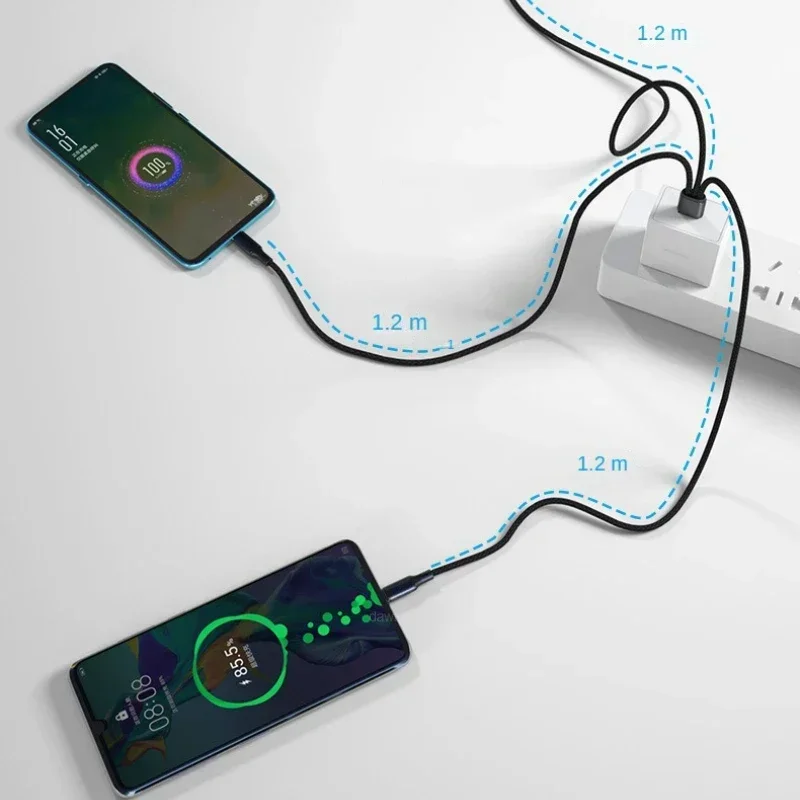 میں 1 USB چارج کیبل 3 Type-C 3 مائیکرو USB سپلٹر کورڈ فاسٹ چارجنگ 5A موبائل فون پاور بینک کے لیے ایک ساتھ 1.2m