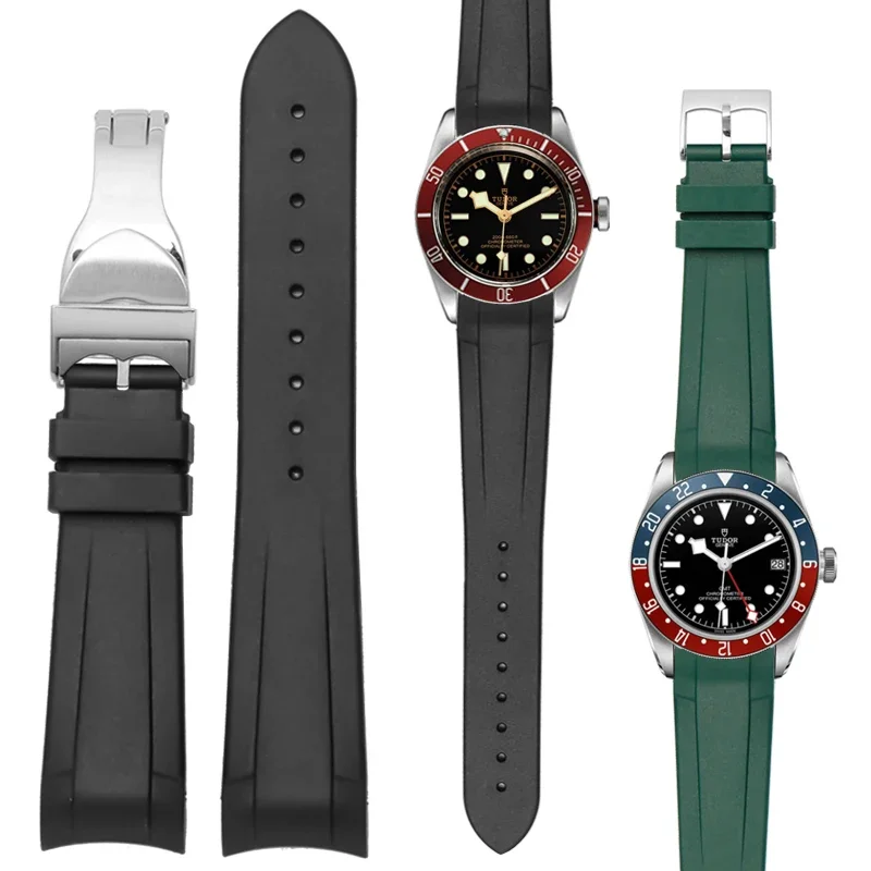 

22mm Natural Rubber Silicone Rubber Watch Strap For Tudor Biwan GMT Curved End Pin / Folding Buckle Black Blue Red Wristband