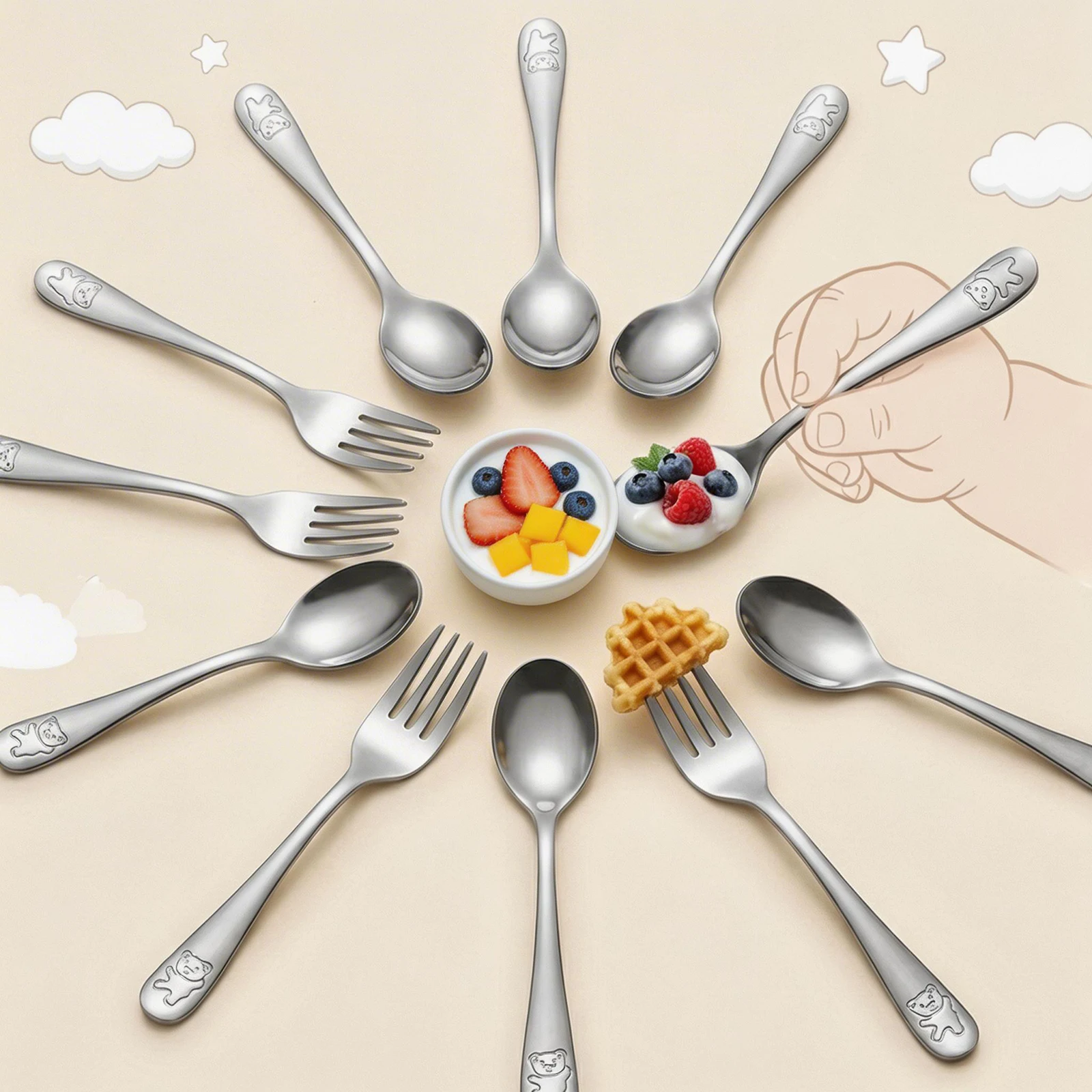 

10/20/30 шт. детский набор вилок и ложек из нержавеющей стали, детское серебро, эргономичная посуда для малышей, детские столовые приборы с милым мультяшным медведем