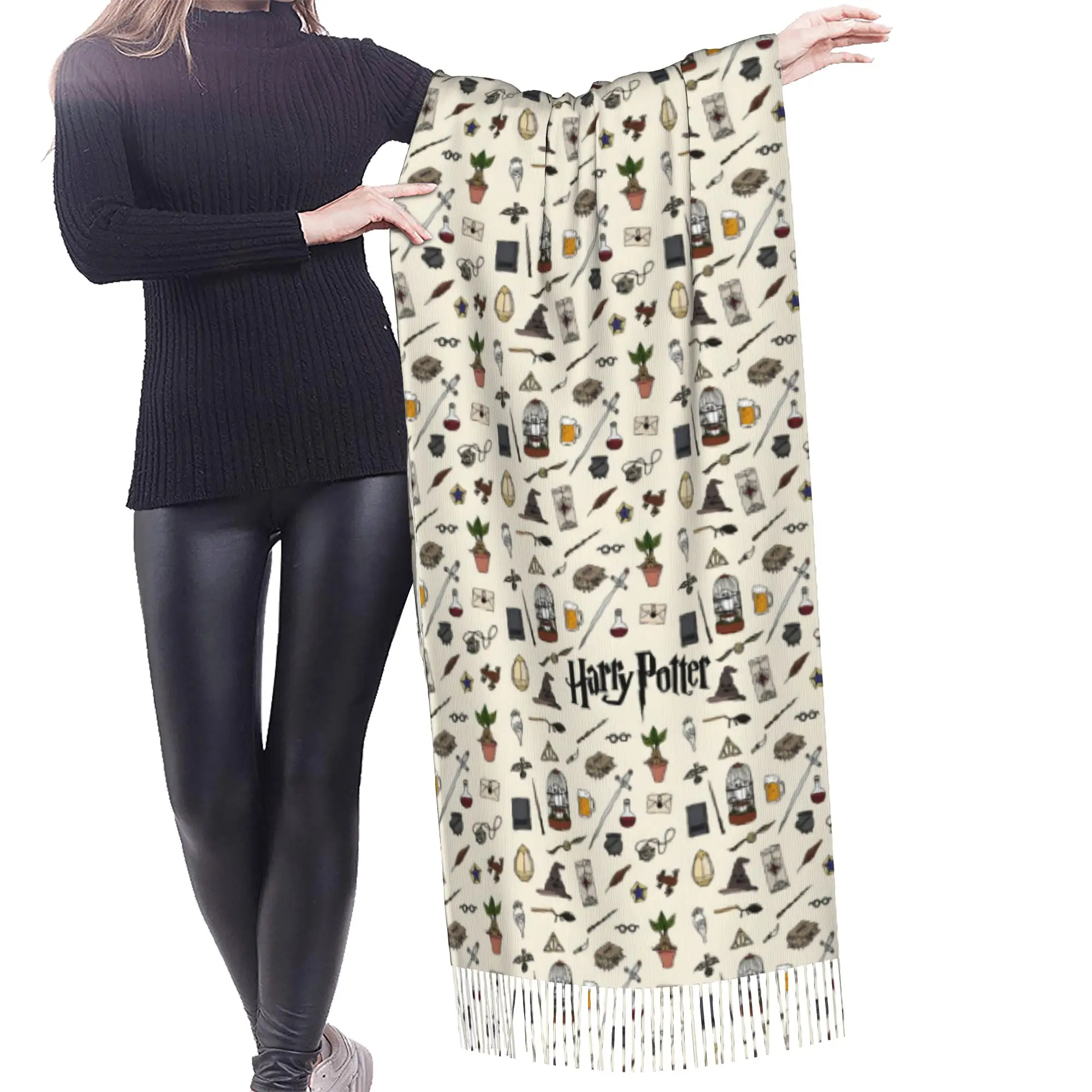 Custom Lady Long Halloween H-Harryed Scarves Women Winter Thick Warm Tassel Shawl Wrap Magic School Spooky Scarf