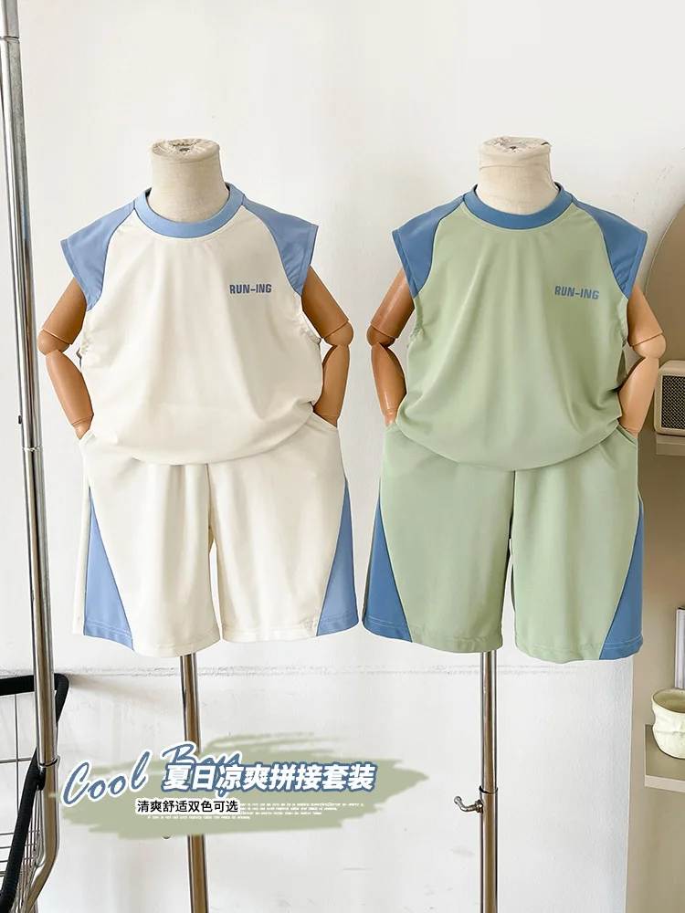 

2026 Summer New Korean Version Children's Quick Drying Sports Suit Contrasting Color Boys' Vest Loose Shorts Two-Piece Set
