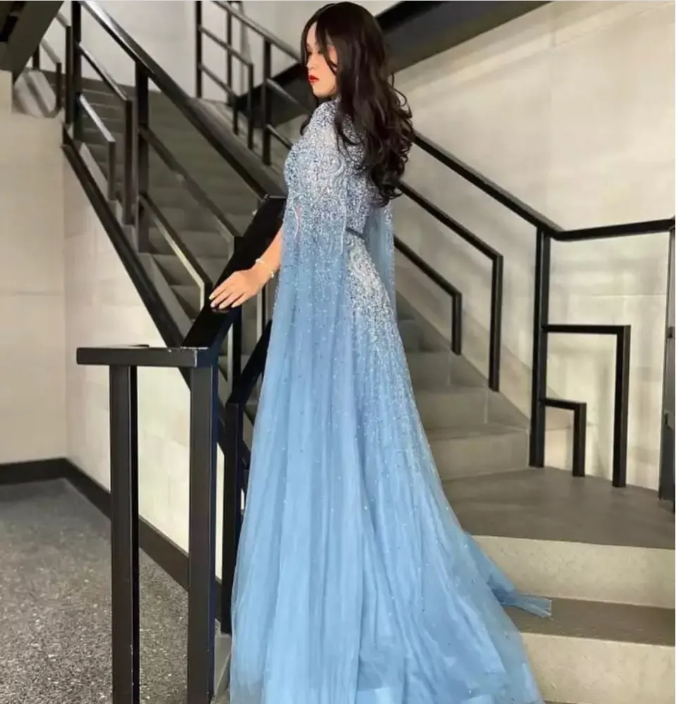 Customize O-Neck A-Line Long Sleeve Court Train Beading Sequined Engagement Birthday Floor Length Evening Gown Sexy Dress