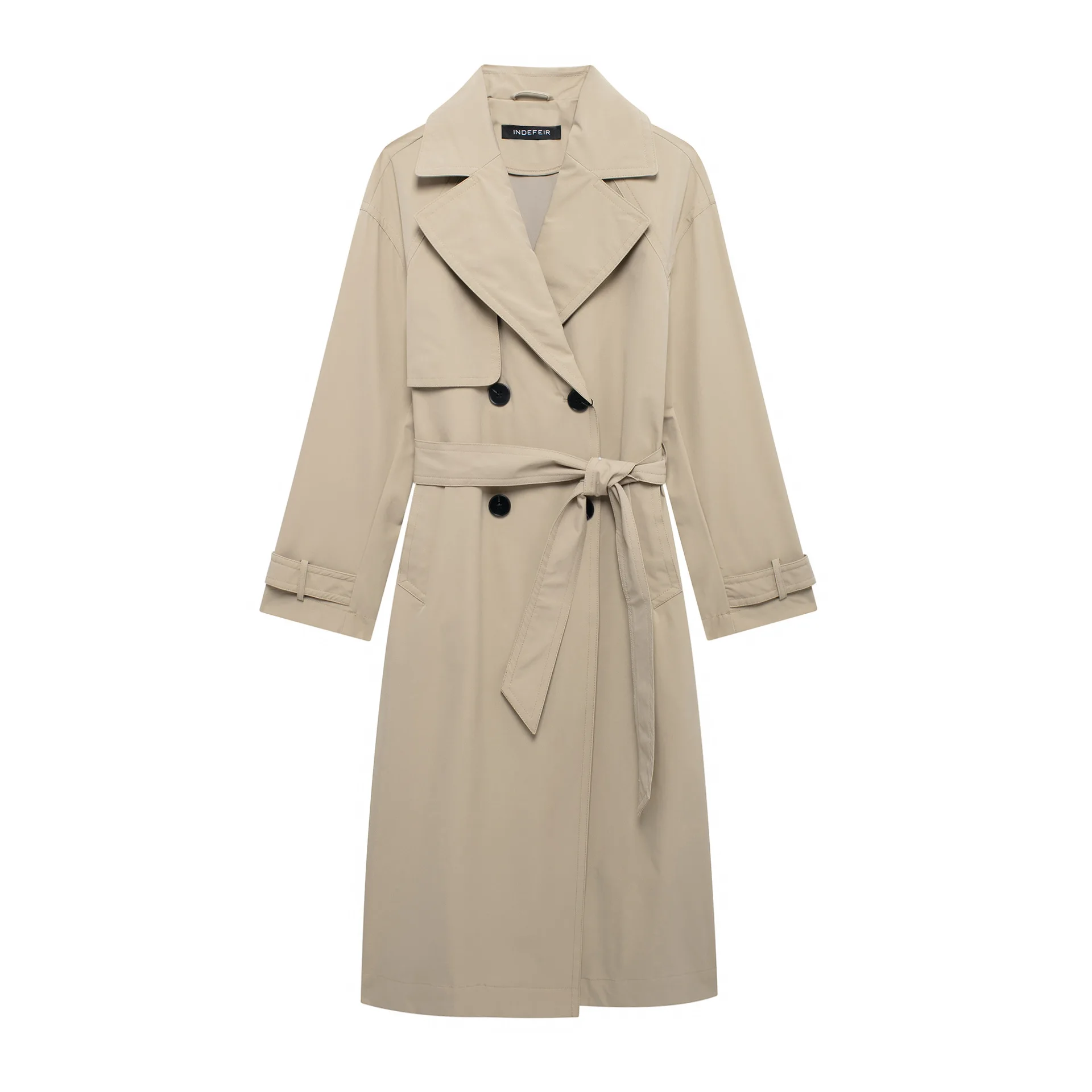 

Casual Long Sve Windbreaker Coat Double Row Buttons Waist Belt Large Version Spring 2025 PU Material Pure Color