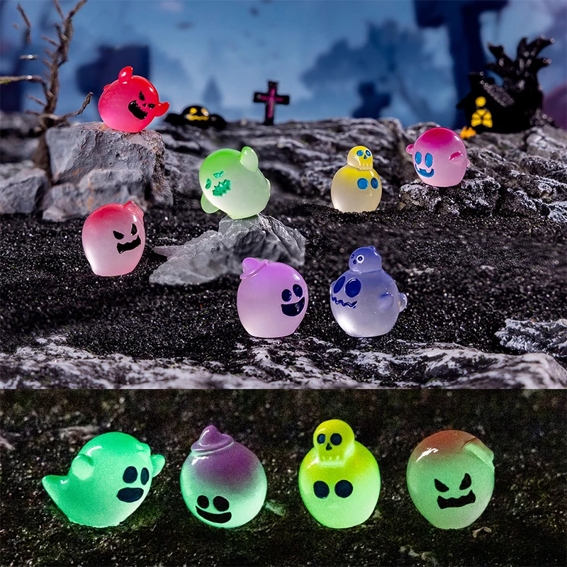 Cute Luminous Halloween Colorful Ghost Ornament Cartoon DIY Home Figurine Micro Landscape Decoration Car Interior Home Desktop