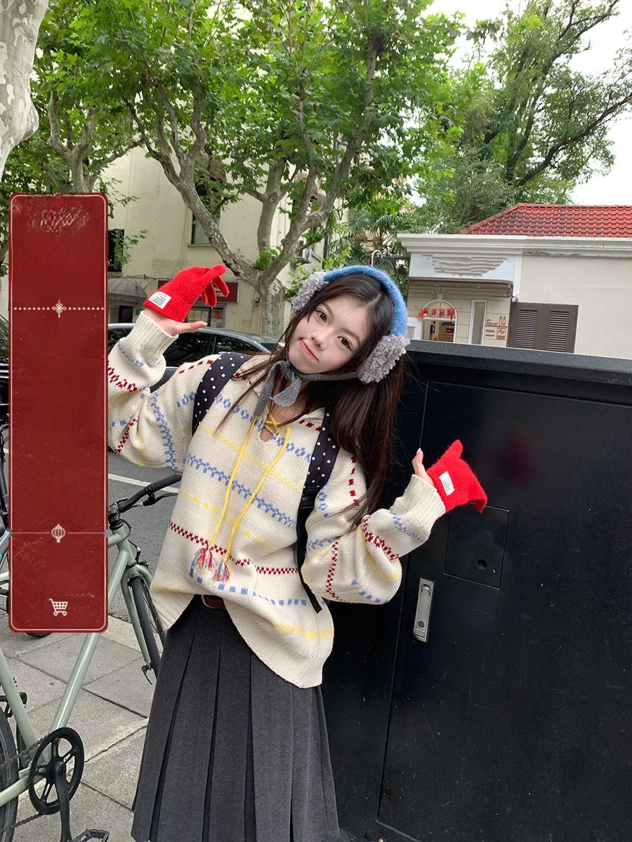 

Женский вязаный свитер Sinbounboun с длинными рукавами, воротником и принтом в полоску, утолщенный, для повседневной носки