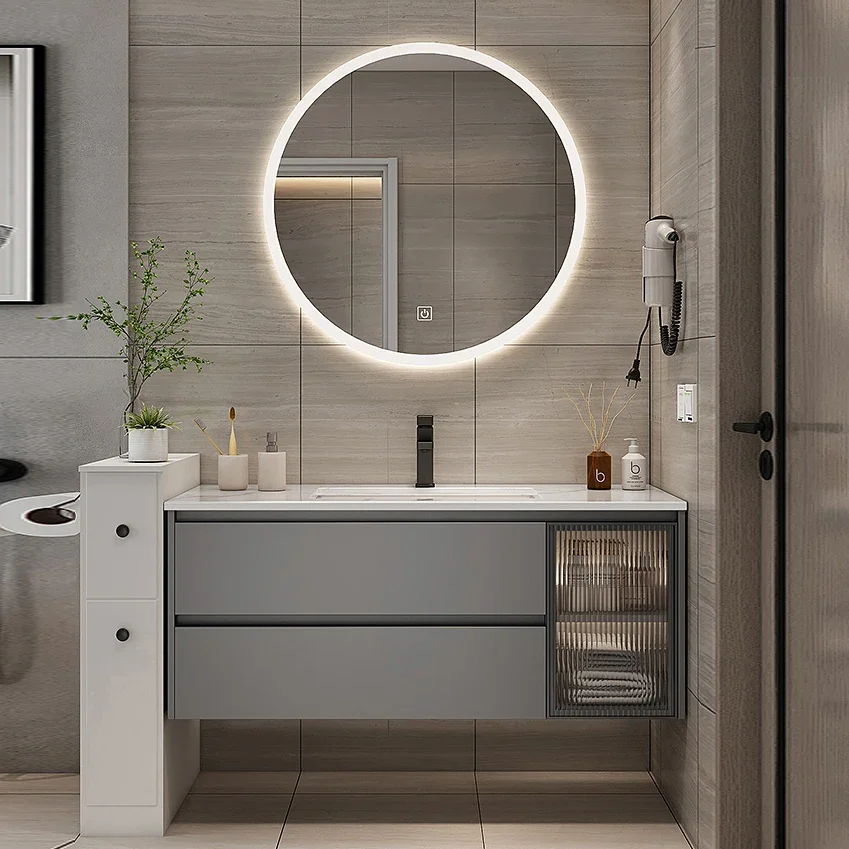 

Marble Smart Bathroom Vanity Cabinet With Sink And Mirror Looking Combination One Hand Wash Basin Washbasin Toilet Round Mirror