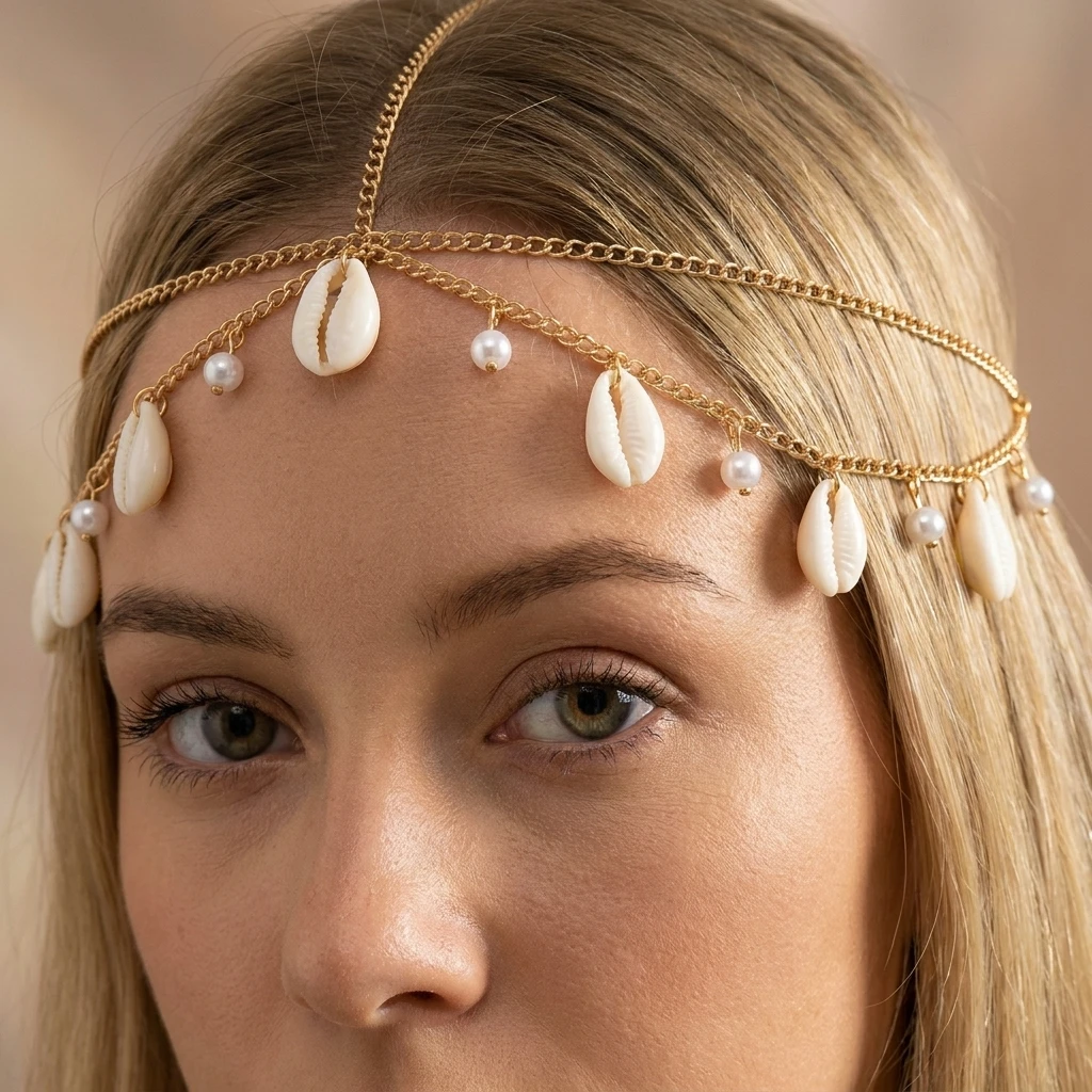 Böhmischer Haarreif mit Muschel-Haarschmuck und Perlenketten-Quasten für Damen – Eleganter Kopfschmuck für Strandurlaub und Geschenke – Detail 4