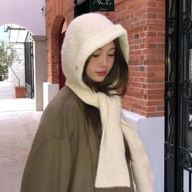 Korean Balaclava Women's Autumn Winter Warm Knitted Hooded Caps Scarf Integrated Hooded Scarf Knitted Hat Soft Warm Beanies Hats