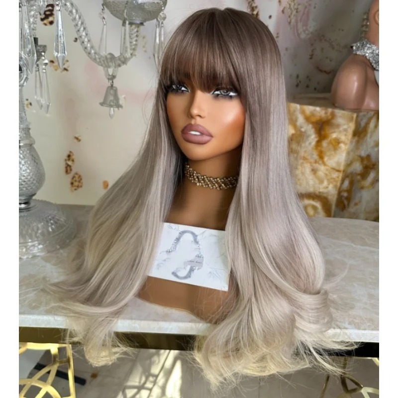 أومبير الرماد رمادي شعر مستعار أشقر طويل موجة طبيعية شعر مستعار مع الانفجارات الدانتيل أعلى شعر مستعار رخيصة حزب اليومية تأثيري الباروكات ألياف مقاومة للحرارة #2