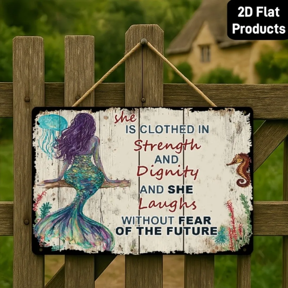 Vintage Mermaid Metal Wall Art Sign | She Is Clothed In Strength And Dignity With Seahorse Illustration, Rustic   Decor For Home