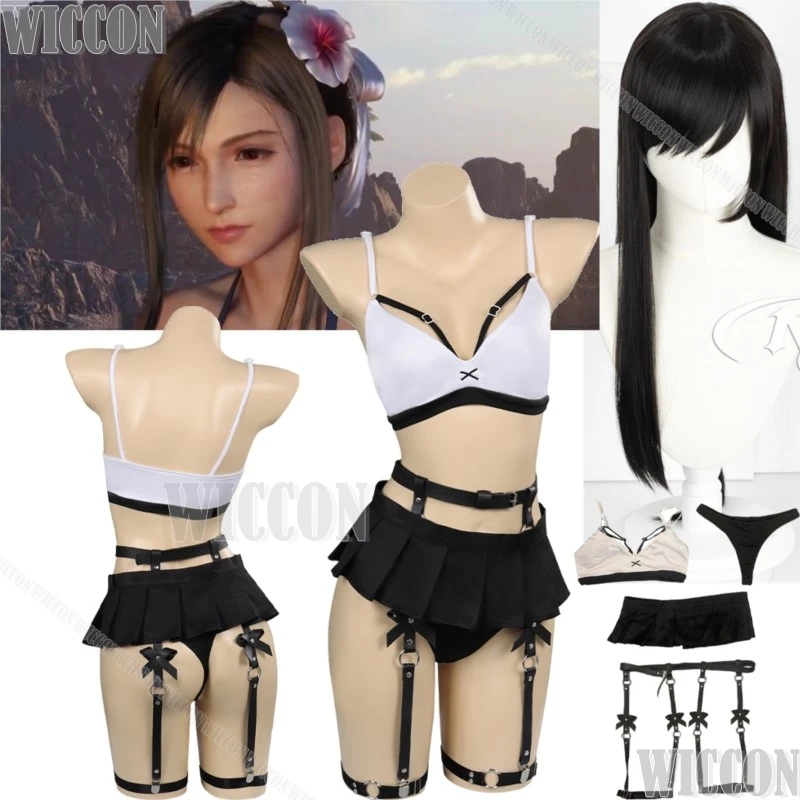 

Tifa Lockhart Swimwear FF VII Re Game FF7 Cosplay Black JumpSuit Wig Summer Bathing Beach Dress Halloween Carnival Party Outfit