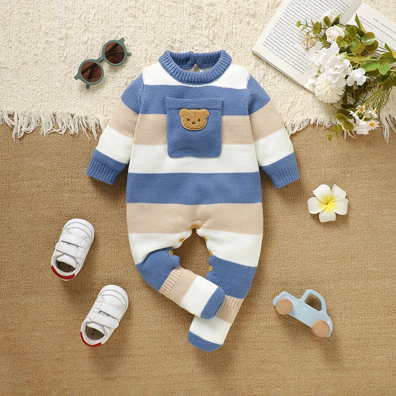 

Осенние детские комбинезоны, вязаные комбинезоны с длинными рукавами для новорожденных мальчиков и девочек, комбинезоны с милым медведем, полосатая одежда для малышей, От 0 до 9 месяцев, накидка для ног