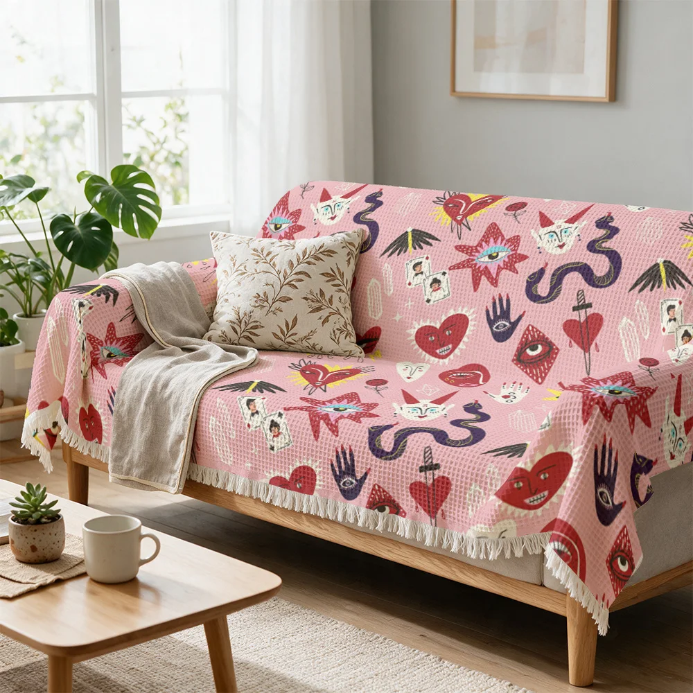 Whimsical Boho Pattern Throw Blanket Couch Cover for Sofa Living Room Decor Heart Hand Print Textiles Accent Cushion Art Throw
