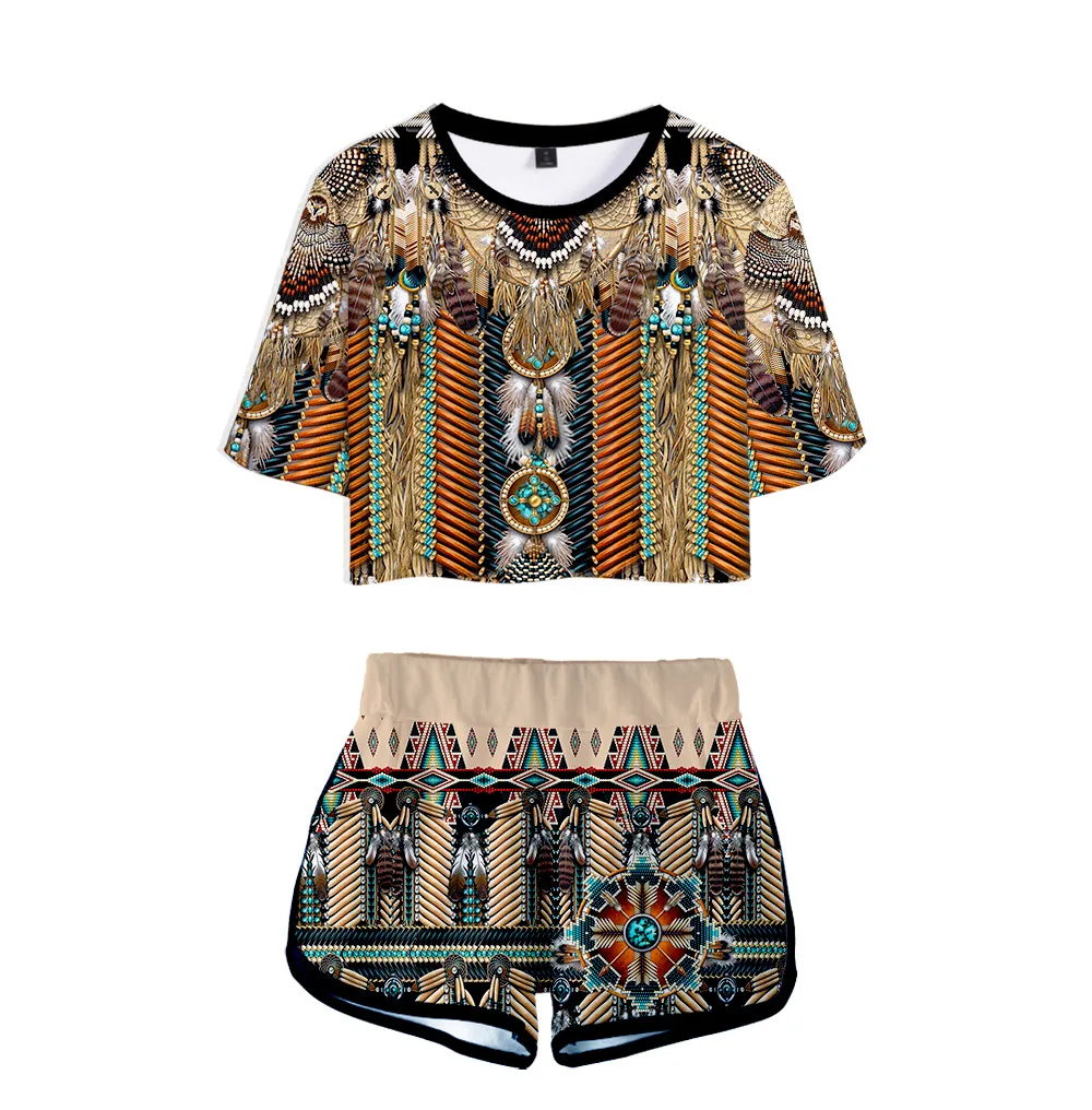 American Indian Two Pieces Sets Women 3D T Shirts+Shorts Suit Summer Tops Tee Fashion Tshirt Women Clothing Cosplay Costume