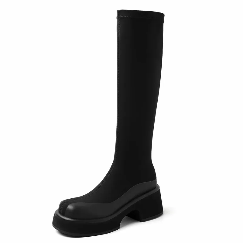 Sexy Fashion Charming Women Elastic Slim Boots With Comfortable Quality Long Short New Style Elegant Round Toe Thick Soled Boots