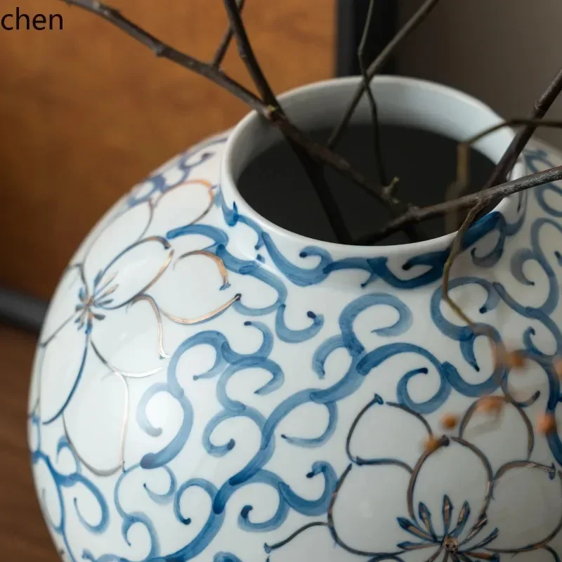 RB-6  New Chinese Style Blue And White Hand-painted Gold-trimmed High White Clay Vase Style Ornament HydroponicDecoration