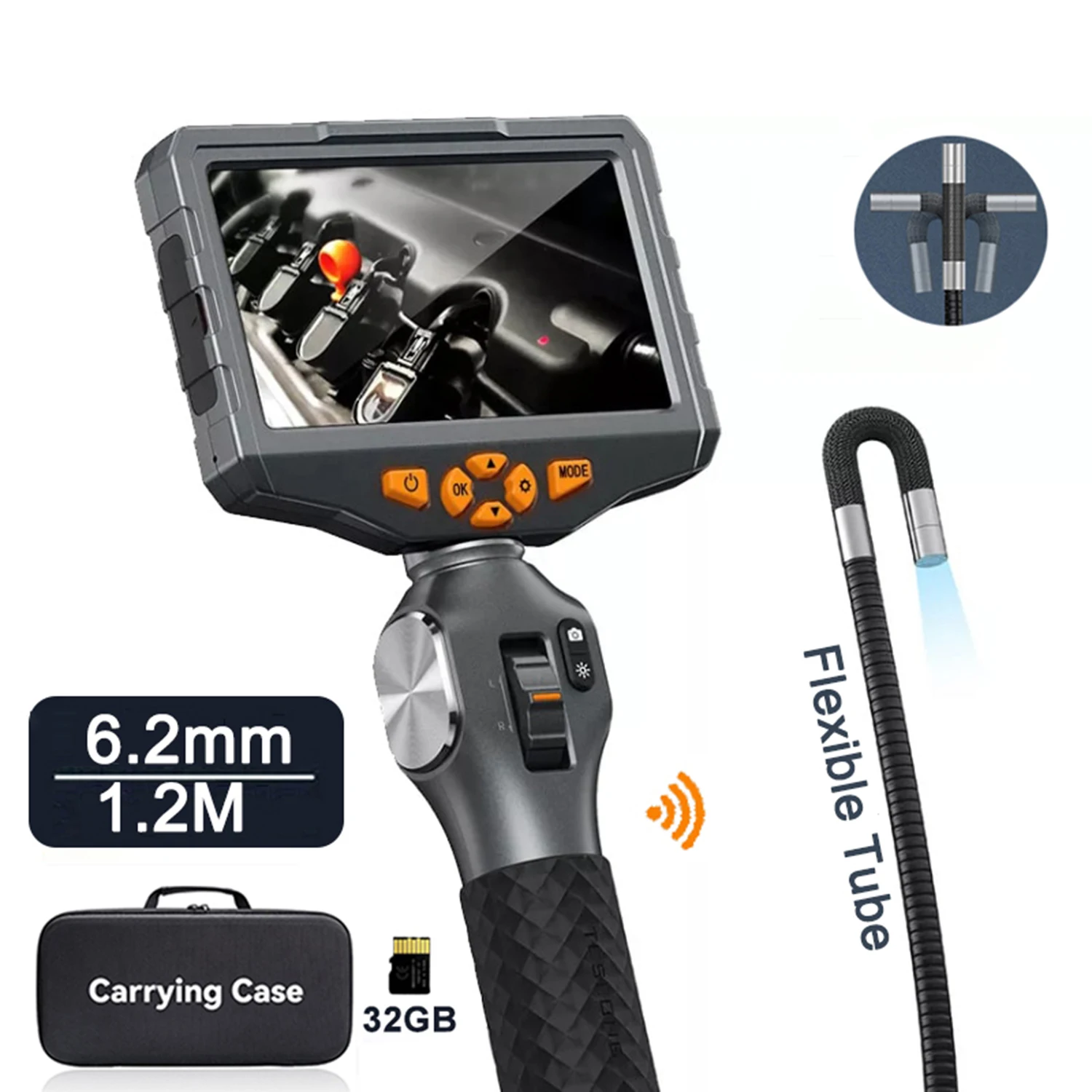 TESLONG TD500 Tweerichtings 360 ° Articulerende Borescope 2.0MP 5 inch IPS-scherm endoscoopcamera met WIFI 32GB kaart