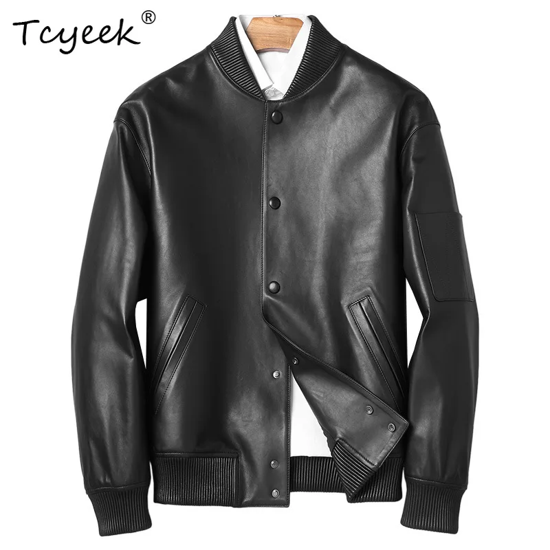 Tcyeek Natural Sheepskin Real Leather Jacket Men Clothes 2026 Autumn Mens Coats Loose Fit Trendy Baseball Coat Casaco Masculino