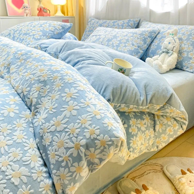 3/4pcs Winter Bed Sheets Set  Warm Milk Velvet Comforter Cover Double Side Flannel Bed Blanket 3D Carve Flower Bedding Set