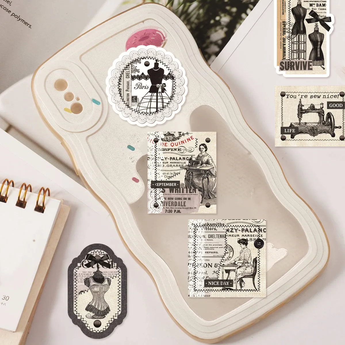 Etori Life 30 PCS Handheld Box Type Washi Retro Literature Sewing Clothing Shop Student DIY Stationery Decoration Stickers