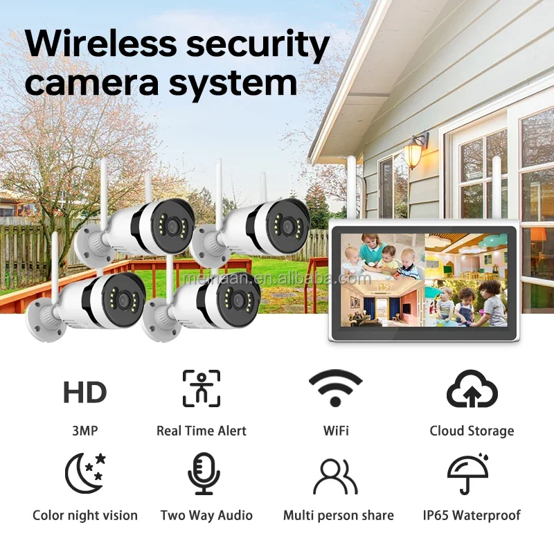 Eseecloud 3MP 10 ''LCD 4CH Wireless WiFi Sistema di telecamere di sicurezza domestica Wireless WiFi CCTV NVR Kit Telecamere Sistemi di sorveglianza