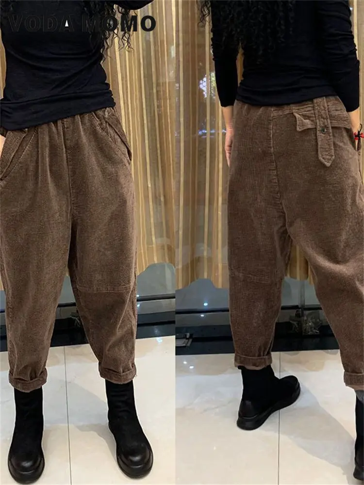 Spring Autumn Pants Women Vintage Casual Elastic Waist Corduroy Loose Solid Color Pockets Streetwear Women Wide Leg Haren Pants