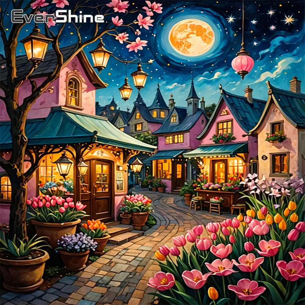 EverShine Diamond Painting Landschaftsstraßen-Motiv, Vollquadrat-Bild, Stickerei, Haus, Strass, DIY-Mosaik, Tulpe, Heimdekoration