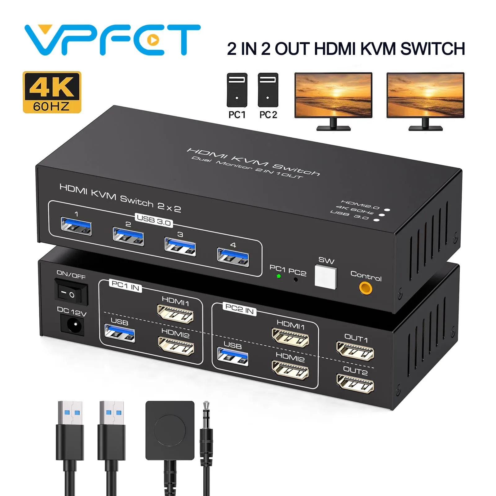 

KVM-переключатель HDMI, 2 ПК, 2 монитора, 4K при 60 Гц, KVM-переключатель USB 3.0 для 2 компьютеров, ноутбуков, поддерживает два монитора и 4 порта USB 3.0 VPFET