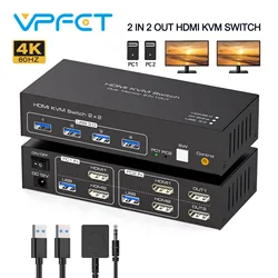 HDMI KVM Switch 2 PC 2 Monitors 4K@60Hz USB 3.0 KVM Switch for 2 Computers Laptops Share Dual Monitors and 4 USB 3.0 Ports VPFET