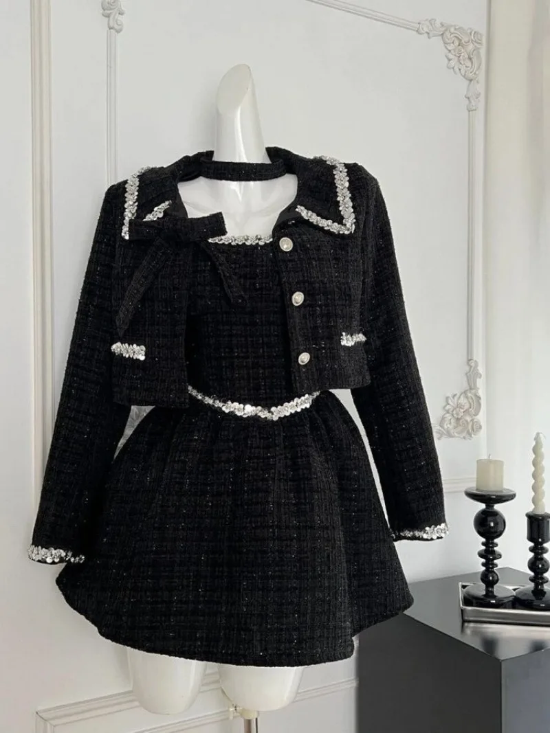 Spring Autumn New Korean Version Chic Women Clothes Darkly Series Japanese Concise Black Dress Two Piece Sets Womens Outifits