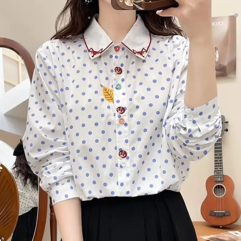 100% Cotton polka dots shirts for woman tops 2024 Korean fashion cartoon fox embroider shirts and blouses long sleeve tops