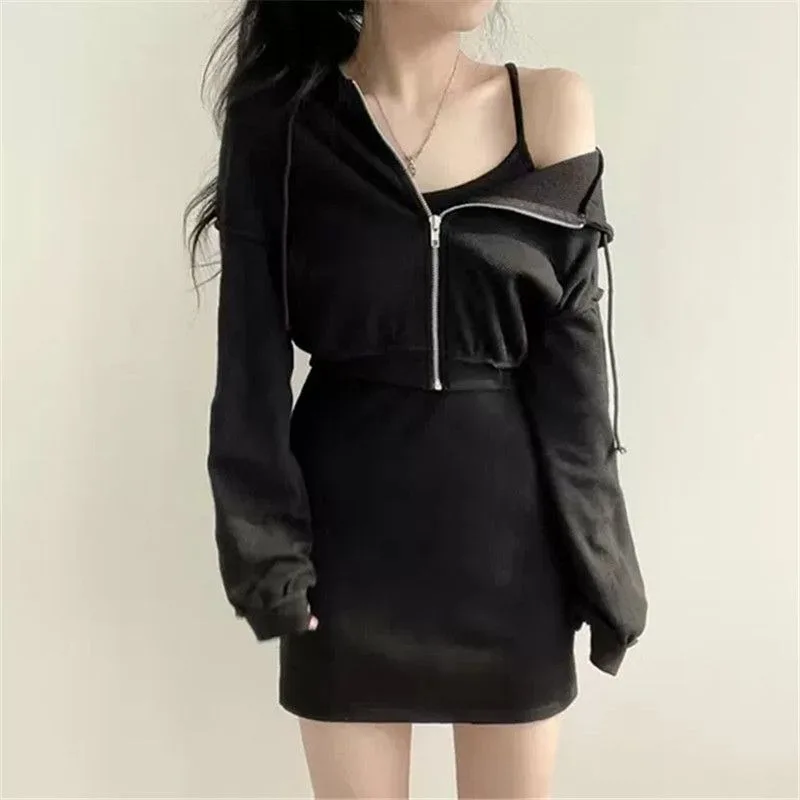 Dress Sets Women Solid Chic Knitted Mini Skirts Hip Wrap Short Hoodies Zipper Ulzzang Students Preppy Hot Sexy Streetwear Female