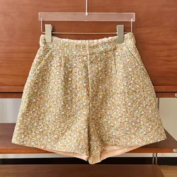 High Quality French Small Fragrance Golden Bright Silk Elastic Waist Loose Shorts Women's Fashion Luxury Korea Chic Tweed Shorts