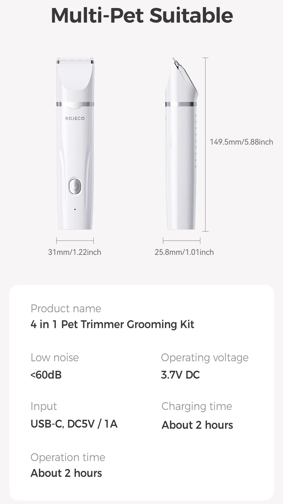 ROJECO Elektrischer Haustiertrimmer, 4-in-1, professionelles Pflegeset für Hunde- und Katzenhaare, multifunktionaler Hundetrimmer, Haarschneidemaschine, Rasierer – Detail 17