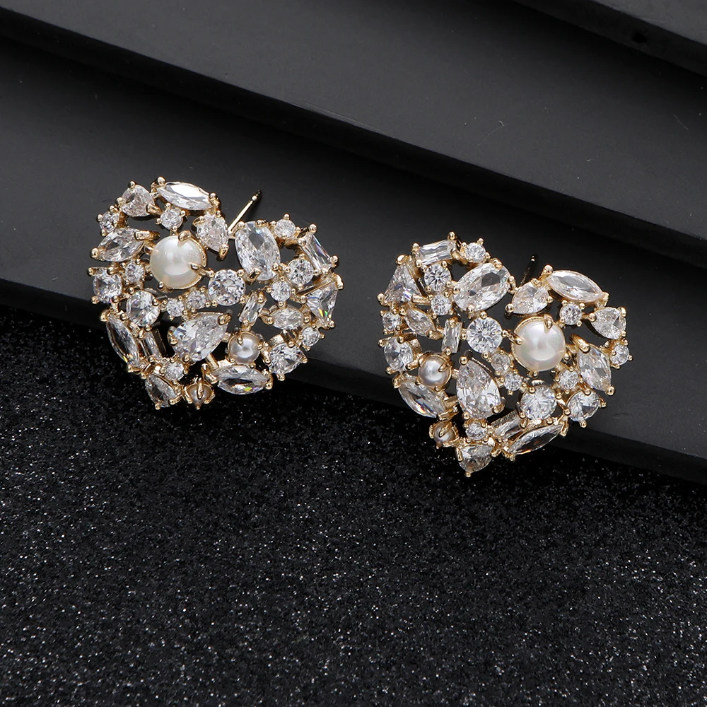 

Luxury New Trendy Heart Earrings For Women Wedding Party Indian Dubai Bridal Jewelry Boucle D'oreille CZ Pearl Femme Gift E1163