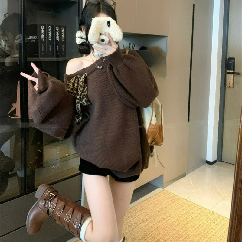 New Autumn Winter Off-the-shoulder Design Leopard Print Patchwork Lace-up Sweater Versatile Relaxed Casual Knitted Sweater Women