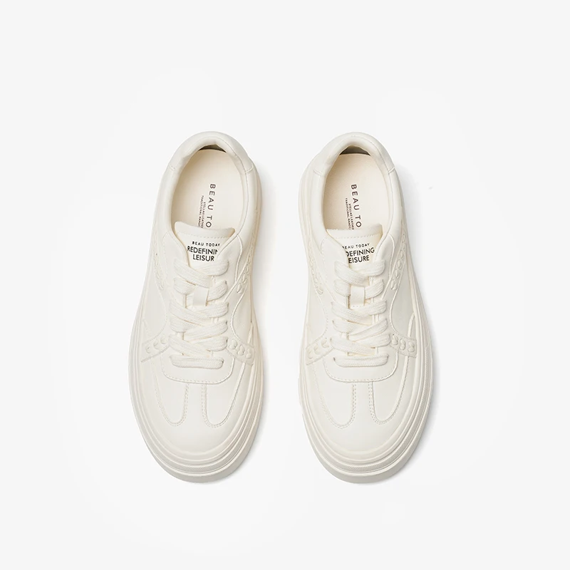 BEAUTODAY White Sneakers Women Cow Leather Lace-up Round Toe  Platform Ladies Trainning Shoes Handmade 29796
