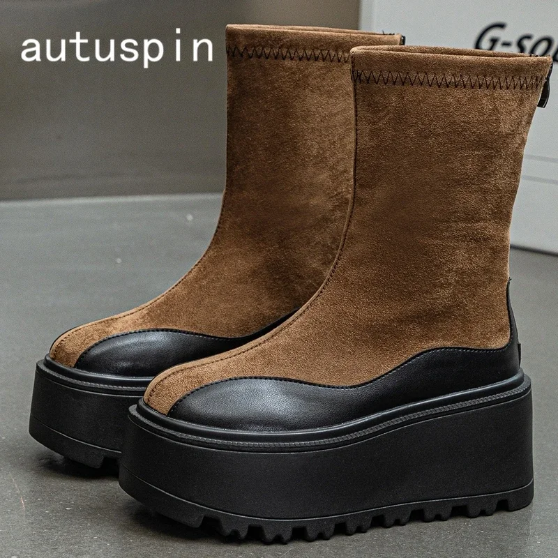 

AUTUSPIN 8cm Flats Platform Chunky Boots for Women Winter Warm Plush Leather Mic-calf Boot Female Daily Working Office Shoes